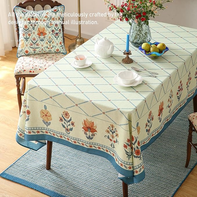 ISAENNE Designer Linen Floral Extra Long Rectangle Tablecloth,Light Green Farmhouse Durable Table Cloth,Washable Decor Tablecloths for Dining Kitchen Thanksgiving Christmas,67"*118"-Floralsea B