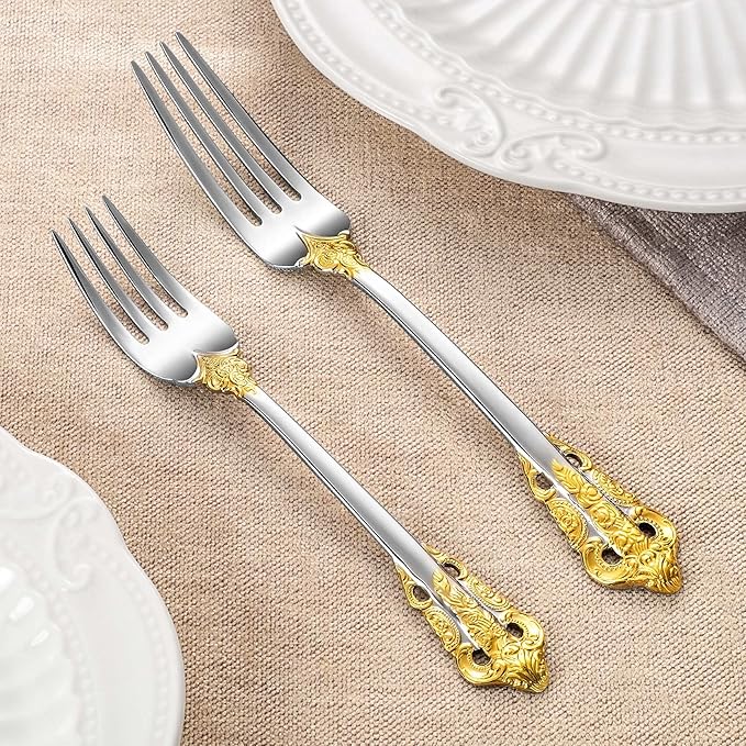 KEAWELL Luxury 20 Pieces 18/10 Stainless Steel Flatware set, Service for 4, silver plated with gold accents, Fine Silverware set and Dishwasher Safe (Gold Accent)