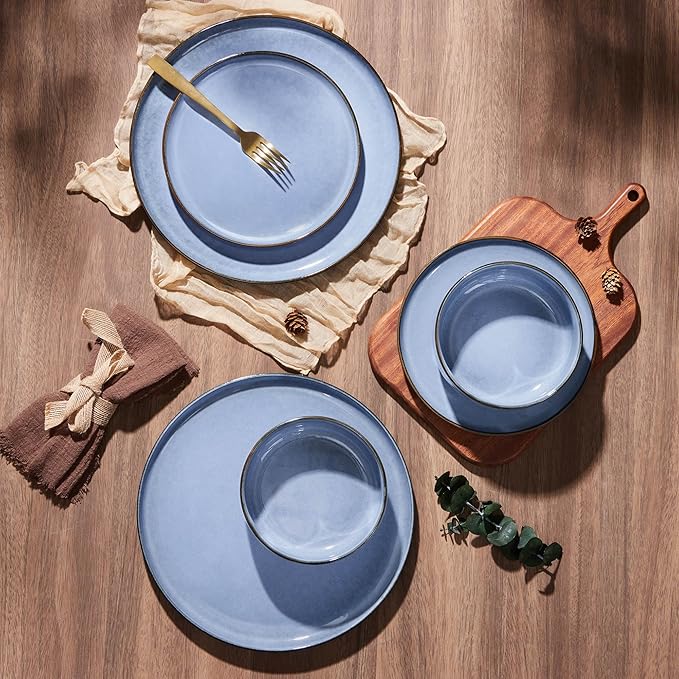 E-far Dinnerware Sets for 6, 18-Piece Plates and Bowls Set, Reactive Glaze Dishes, Stoneware Dinning Ware Set, Microwave & Dishwasher Safe - Ocean Blue