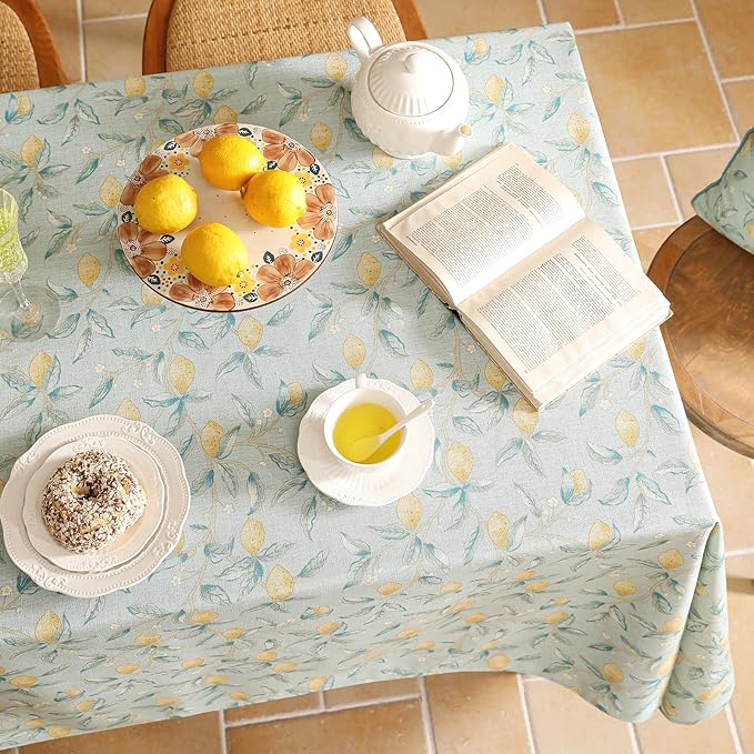 patdrea Designer Linen Green Tablecloth for Rectangle Table,Vintage Breathable Yellow Fruits Pattern Table Cloth,Decoration Cover for Kitchen Dining,Christmas,Thanksgiving,Party,63"x87"-Ania a
