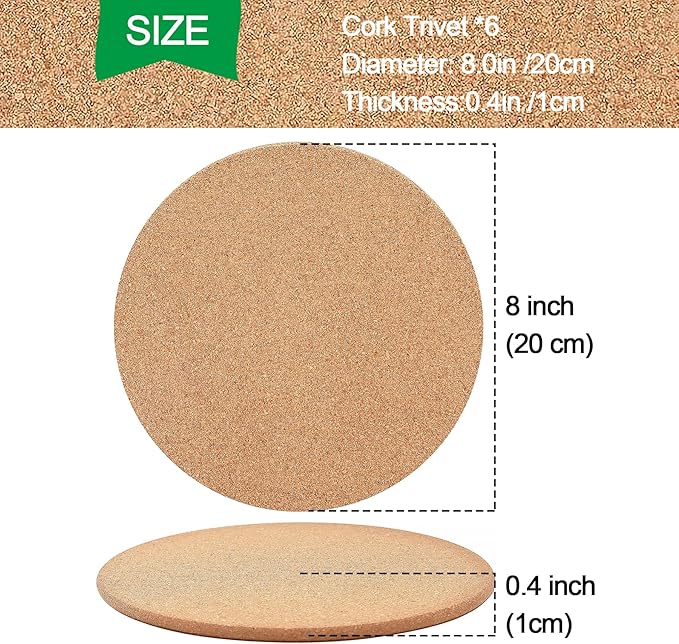 Cork Trivet, 6 Pack High Density Thick Corks Coasters Set for Hot Dishes, 8 Inch Heat Resistant Multifunctional Cork Trivets for Hot Dishes, Gray