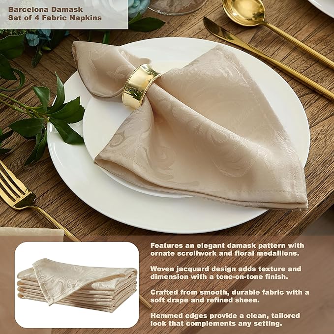Newbridge Barcelona Luxury Damask Fabric Tablecloth, 60” Wide x 120” Rectangle, Golden Beige, 100% Polyester, No Iron, Soil Resistant Dining Room, Party and Banquet Table Cover