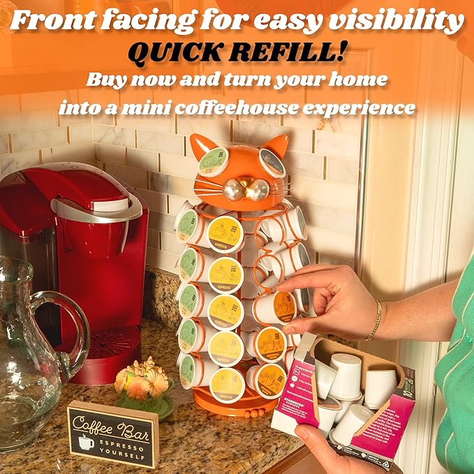 Made Easy Kit Carousel Coffee Pod Holder, Compatible with Keurig K-Pods K-Cups, Countertop Rack Storage Organizer, Metal Home and Kitchen Decor, Capsule Café Station Bar (Small, Orange Cat)