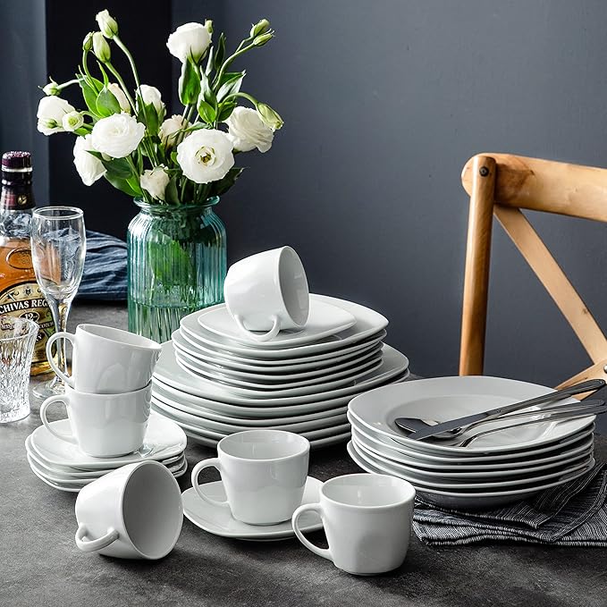 MALACASA 30 Piece Porcelain Dinnerware Set, Grey White Dish Set for 6, Square Ceramic Dishware Sets, Chip and Scratch Resistant Plates and Bowls Sets, Cups and Saucers, Series ELISA