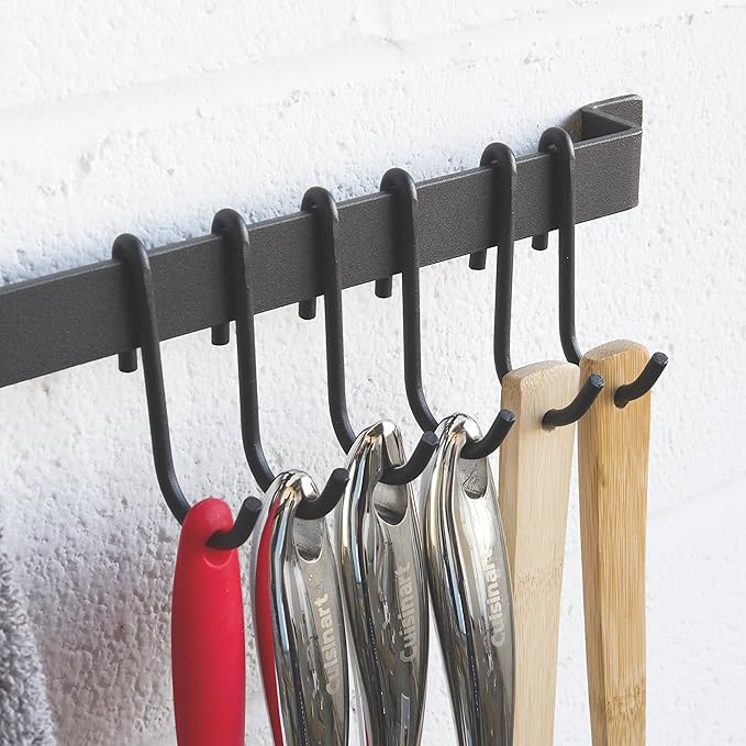 Wallniture Casto 30" Gourmet Kitchen Rail with 15 S Hooks for Hanging Kitchen Utensils Set and Cookware, Iron, Frosty Black