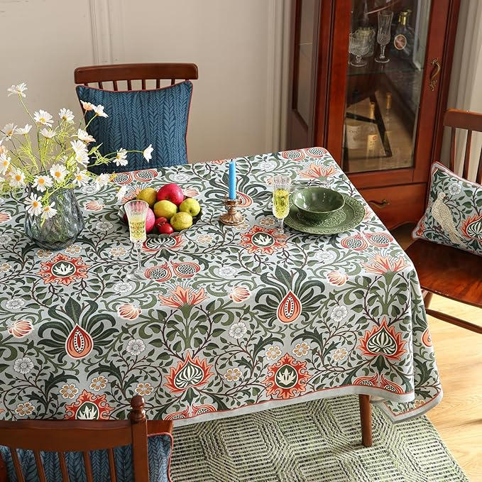 ISAENNE Designer Bohemian Linen Green Extra Long Rectangle Tablecloth,Floral Indoor Table Cloth,Stain Resistant Decor Tablecloths for Dining Thanksgiving Kitchen Party Christmas,67"*118"-Naples