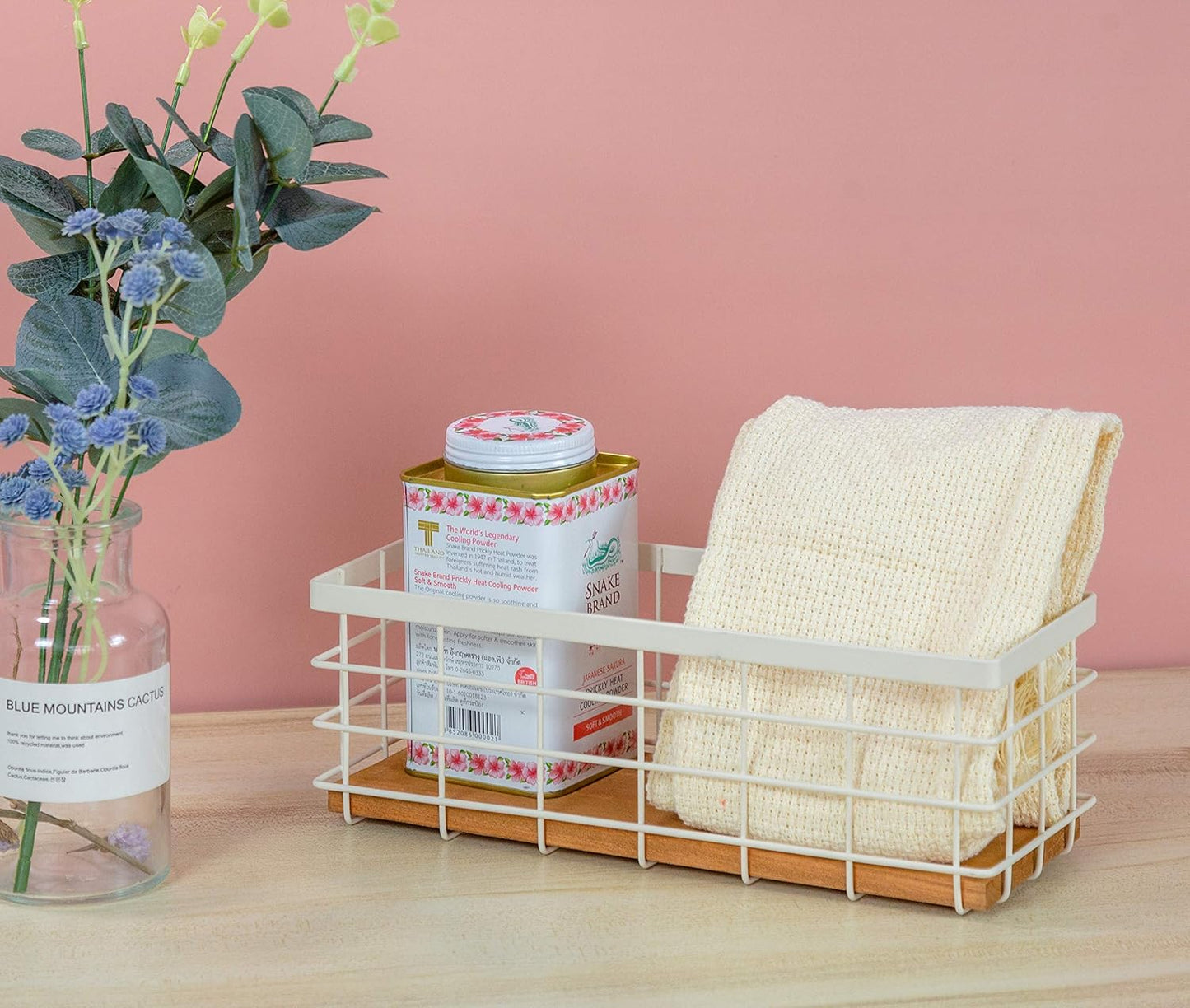 TIEYIPIN Small Metal Wire Storage Basket, Detachable Wood Base Storage Organizer Bin Basket for Kitchen Cabinets, Bathroom, Pantry, Garage, Laundry Room (Cream White, 2 Pack)