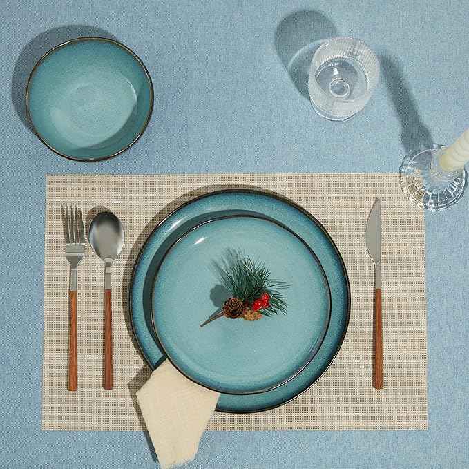 32 Piece Dinnerware Set for 8 with Pasta Bowls, Green Black Reactive Glaze Stoneware | All‑in‑One Host Set for Entertaining, Holiday Meals, Multi‑Course Dinners | Unique Irregular Coastal Look