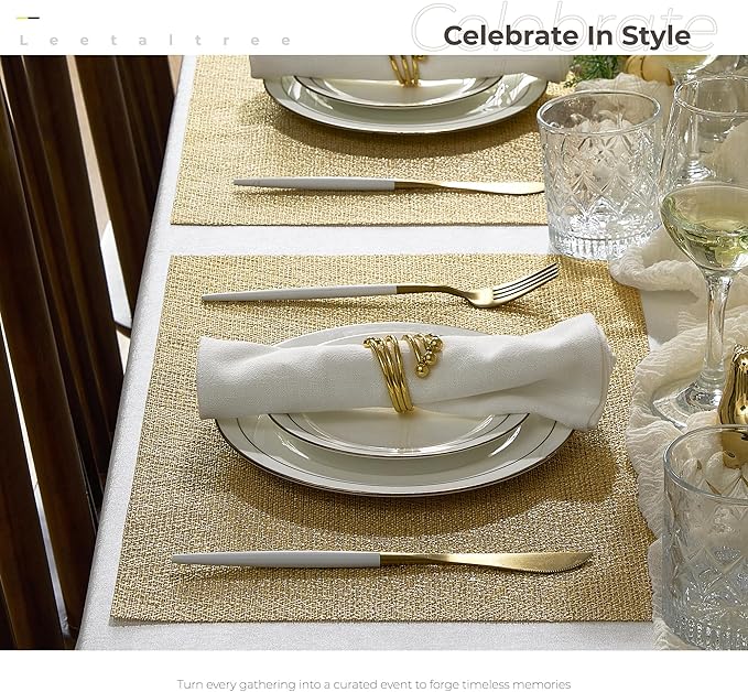 Leetaltree Gold Placemats Set of 12 - Heat Resistant Non-Slip Place mats for Dining Table, Washable Durable PVC Vinyl Woven Table Mats(Luxury Gold, 12)