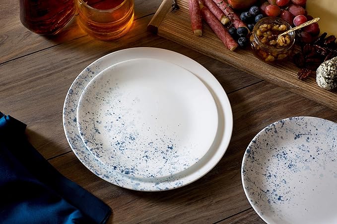 Corelle Vitrelle 18-Piece Service for 6 Dinnerware Set Triple Layer Glass and Chip Resistant, Lightweight Round Plates and Bowls Set, Indigo Speckle