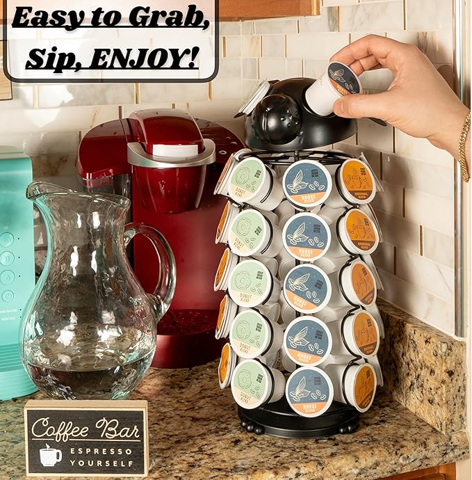 Made Easy Kit Carousel Coffee Pod Holder, Compatible with Keurig K-Pods K-Cups, Countertop Rack Storage Organizer, Metal Home and Kitchen Decor, Capsule Café Station Bar (Small, Black Dog)