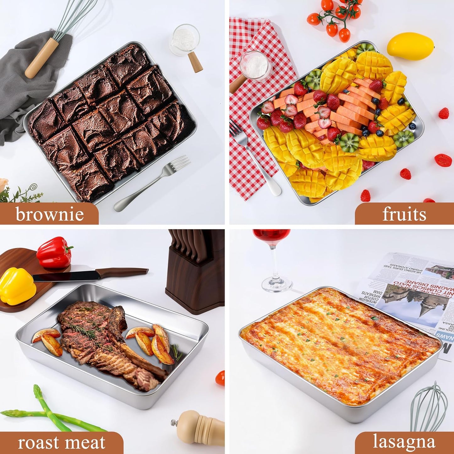 LIANYU Baking Pan Set of 2, 12⅓ x 9¾ x 2 Inch Cake Lasagna Brownies Casseroles Pan, Rectangle Stainless Steel Bakeware Set for Baking Roasting Toaster Oven, Dishwasher Safe