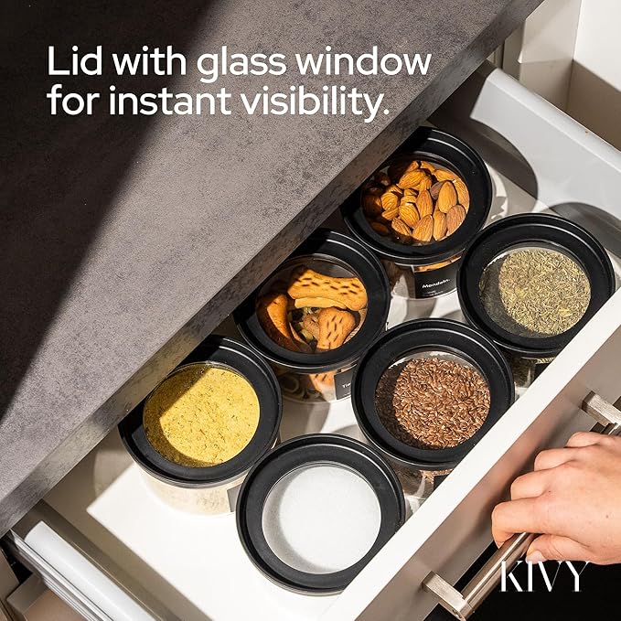 KIVY Airtight Glass Jars with Lids & Labels [4x 17oz] Stackable Glass storage jars with airtight lids - Black Glass Jars with airtight lid - Food Glass canisters with transparent lids