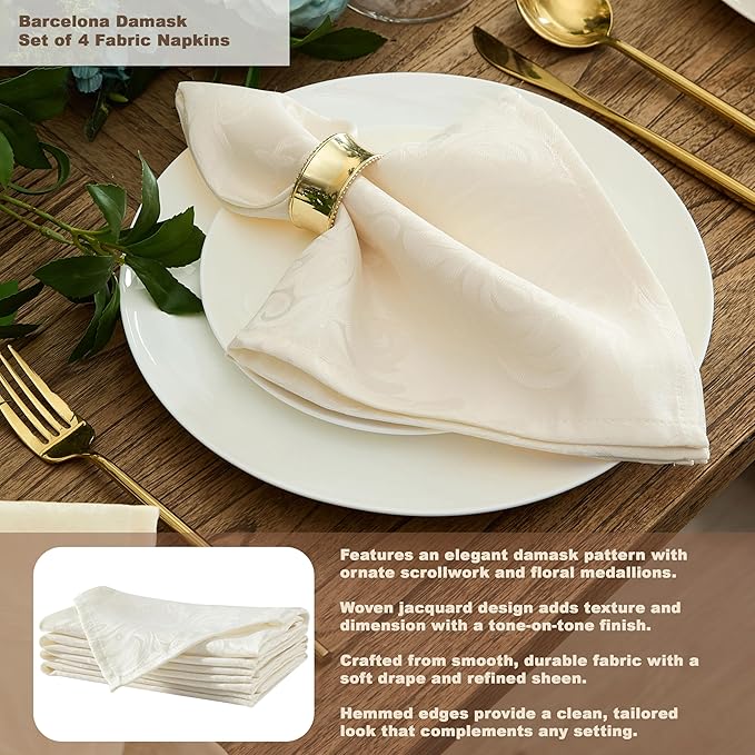 Newbridge Barcelona Luxury Damask Fabric Tablecloth, 70” Extra Wide x 144” Rectangle, Antique White, 100% Polyester, No Iron, Soil Resistant Dining Room, Party and Banquet Table Cover
