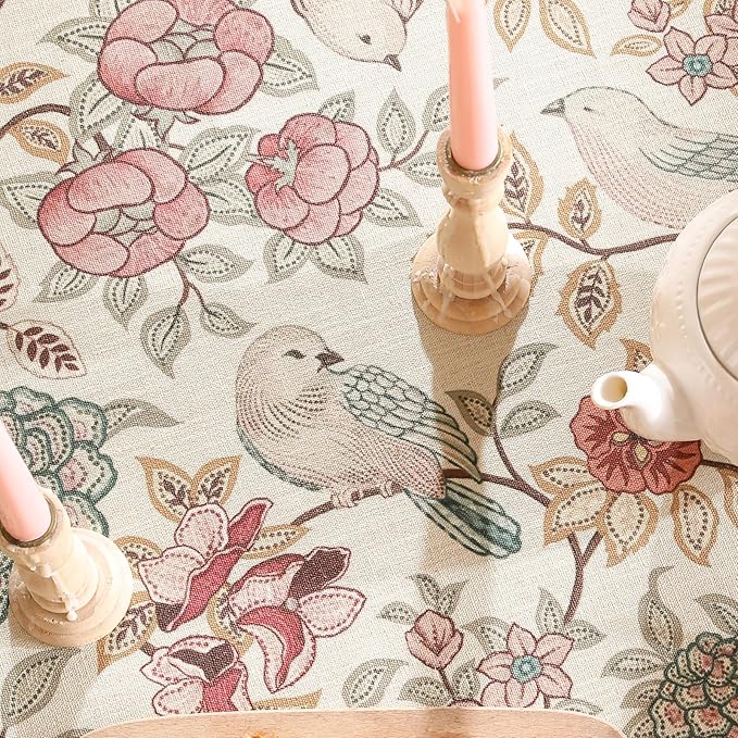 patdrea Designer Pink Linen Table Cloth for Rectangle Table,Vintage Floral with Birds Pattern Decorative Tablcloth,French Table Cover for Kitchen Dining,Thanksgiving,Christmas,63"x110"-Kulom a