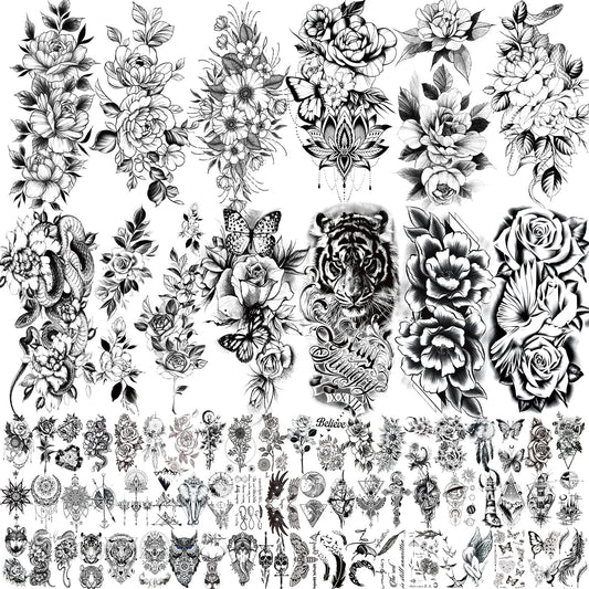 72 Sheets 3D Flowers Temporary Tattoos for Women Adult, Including 12 Sheets Large Fake Tattoos That Look Real and Last Long, Waterproof Rose Moon Butterfly Tiger Snake Tattoos and Flowers Tattoos
