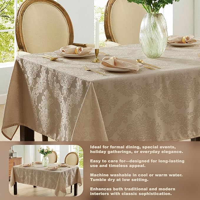 Newbridge Barcelona Luxury Damask Fabric Tablecloth, 70” Extra Wide x 168” Rectangle, Golden Beige, 100% Polyester, No Iron, Soil Resistant Dining Room, Party and Banquet Table Cover