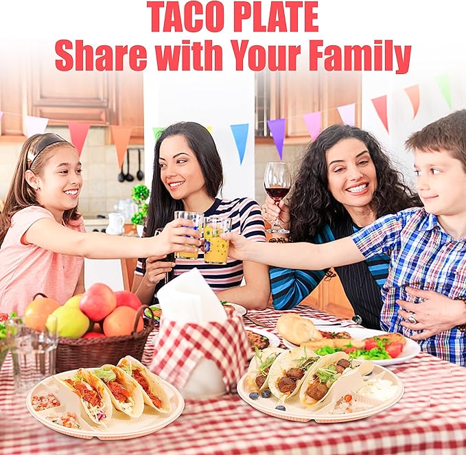 LUVCOSY 10'' Large Disposable Taco Plates, 3-Taco & 4-Sides, Biodegradable Cornstarch Taco Holder, Big Size Fit Soft & Hard Tortilla, Sturdy & Microwave Safe, Bar Serving Set For A Party- 40 Pack