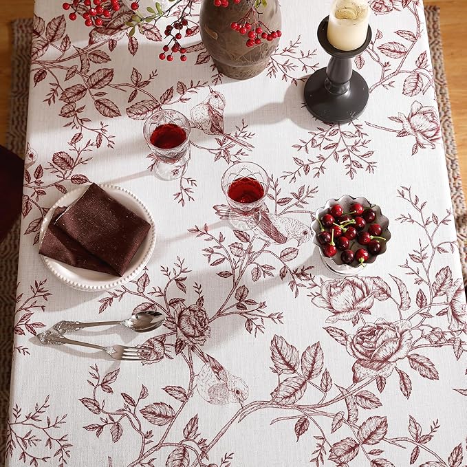 ISAENNE Designer Vintage Linen Rectangular Tablecloth,Red Floral Pattern Linen Stain Resistant Table Cloth,Decor Tablecloths for Dining Thanksgiving Kitchen Tea Party,55"*87"-Harmony