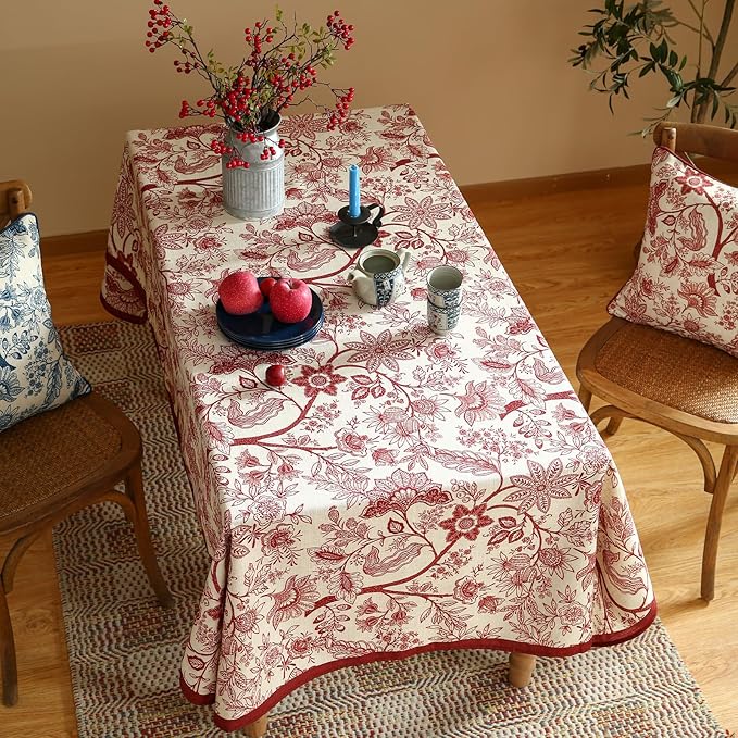 ISAENNE Designer French Linen Table Cloth for Rectangle Table,Red Floral Washable Indoor Tablecloth,Durable Home Decor Tablecloths for Dining Thanksgiving Kitchen Party Christmas,55"*79"-Ruyi A
