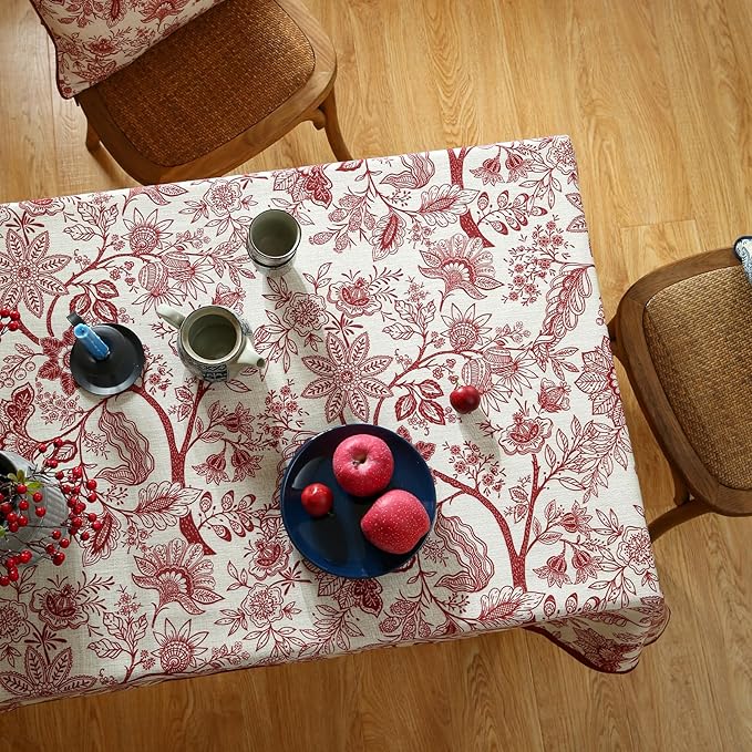 ISAENNE Designer French Linen Tablecloth Rectangular,Red Floral Washable Indoor Table Cloth,Durable Home Decor Tablecloths for Dining Thanksgiving Kitchen Party Christmas,55"*87"-Ruyi A