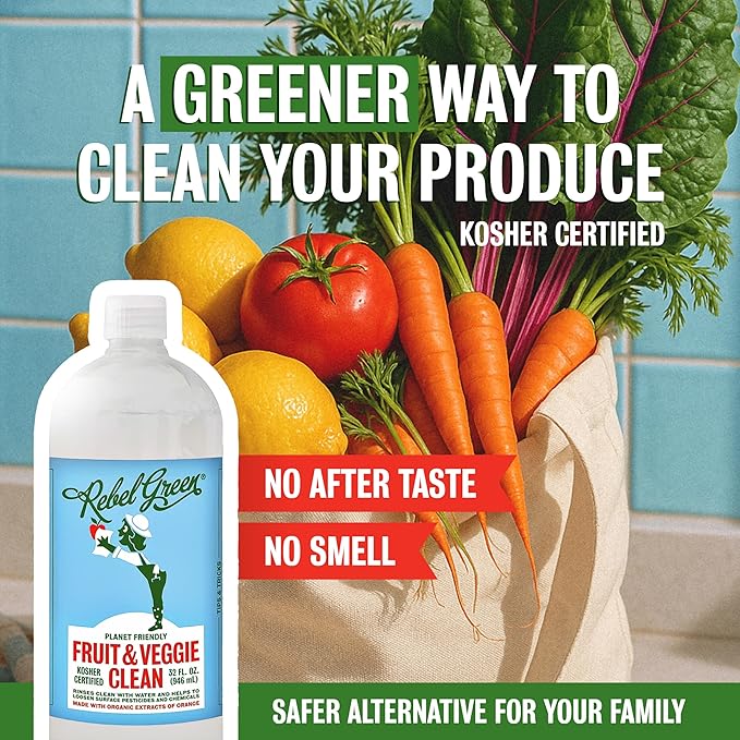 Rebel Green Fruit & Veggie Clean - Plant-Based Produce Cleaner - Natural Fruit and Vegetable Wash with No Aftertaste - Dirt & Grime Removal - Made with Organic Extracts of Citrus - 16 FL OZ