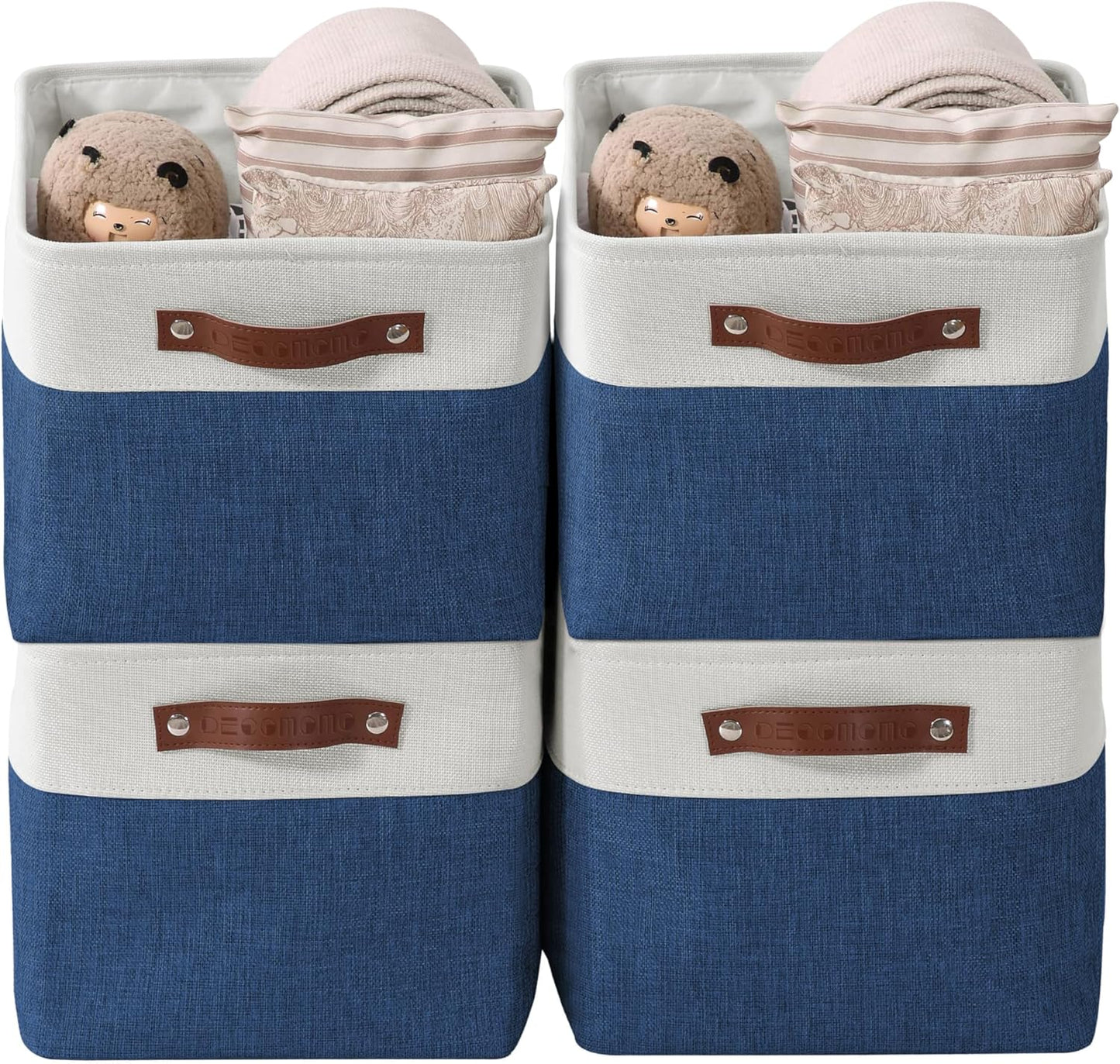DECOMOMO Storage Baskets for Shelves - Fabric Storage Bins, Linen Closet Organizers and Storage (Navy Blue & White, Large - 4 Pack)