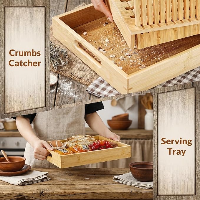 Sourdough Bread Slicer for Homemade Bread - 10.5" Extra Wide Premium Bamboo Guide for Large Round Loaves & Artisan Baking - Heavy Duty Stable Mortise-Tenon Structure with Crumb Catcher Tray