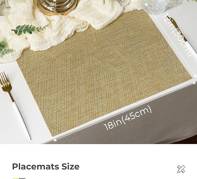 Leetaltree Gold Placemats Set of 6 - Heat Resistant Non-Slip Place mats for Dining Table, Washable Durable PVC Vinyl Woven Table Mats(Luxury Gold, 6)