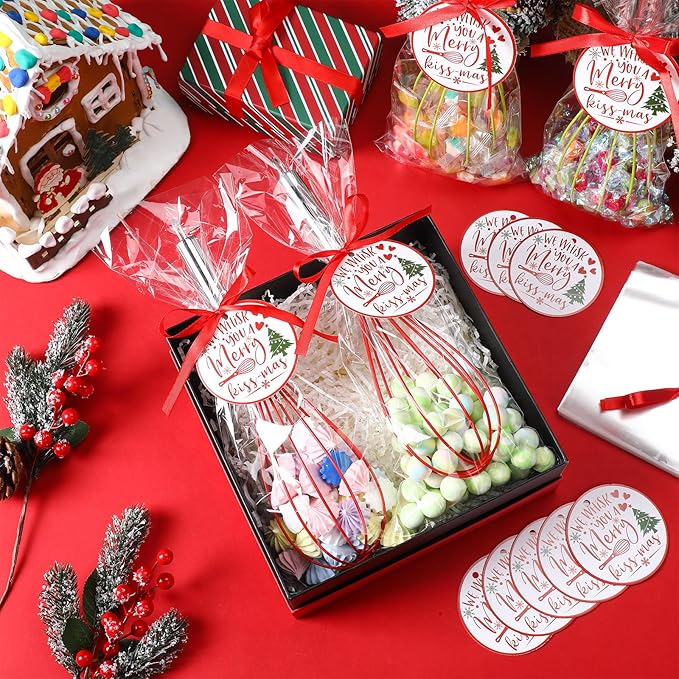 100 Sets 12 Inch Christmas Whisks Gifts DIYFillable Christmas Tree Ornaments Xmas Colored Silicone Whisks for Cooking Heat Resistant Egg Beaters with Card Rope Bag for Candy Holder