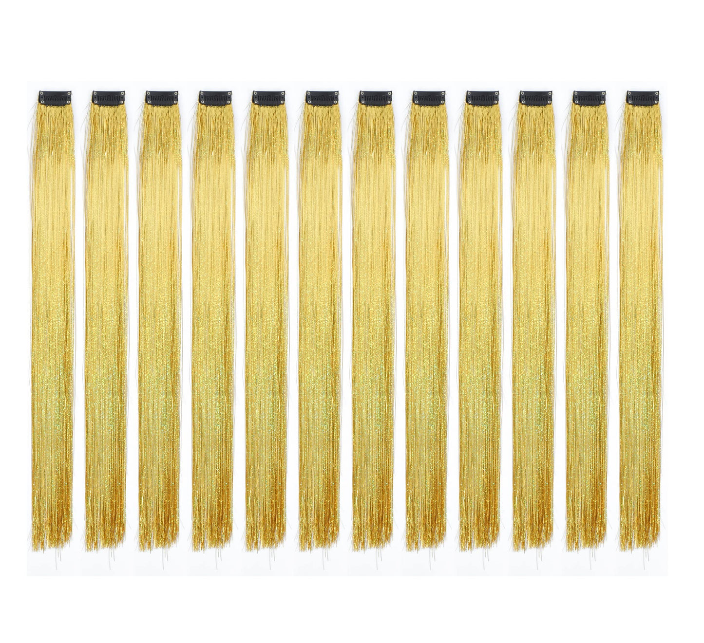 SWACC 12 Pcs Straight 12 Pcs Straight One Color Party Highlights Clip on in Hair Extensions Colored Hair Streak Synthetic Hairpieces (Sparkling Tinsel Gold)