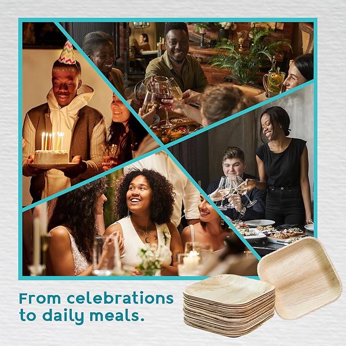 100% Natural 6” Palm Leaf Square Plate (50-pack), Compostable & Biodegradable Dinnerware for Catering, Birthdays, Halloween, BBQs, Thanksgiving, Alternative to Paper & Bamboo Plates Disposable