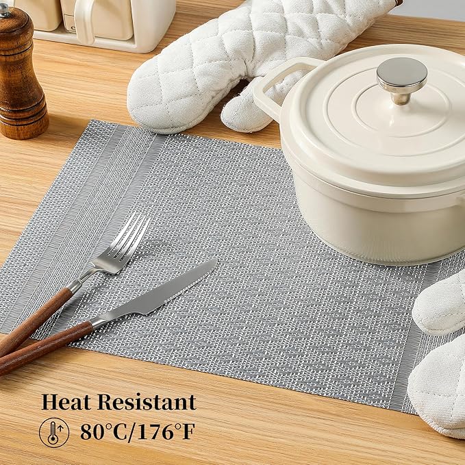 Leetaltree Lunar Grey Placemats Set of 8 - Heat Resistant Non-Slip Place mats for Dining Table, Washable Durable PVC Vinyl Woven Table Mats（Lunar Grey, 8）