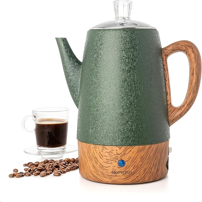 Mixpresso 10 Cup Percolator Coffee Pot Electric, Stainless Steel Coffee Percolator Electric With Keep Warm Function, Classic Perculator Pot With Removable Basket for Home or Office - Shiny Green