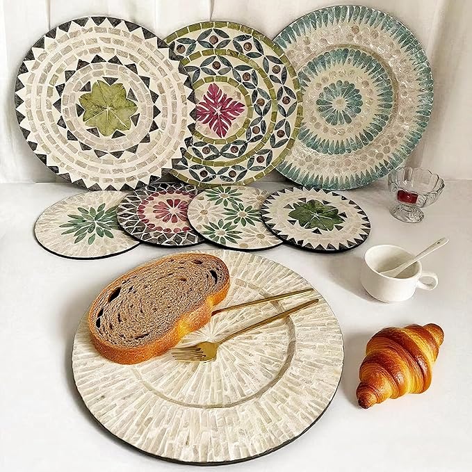 13 Inch Mother of Pearl Shell Placemat Plate – Large Round Decorative Heat for Table or Kitchen,Cabinet, Tabletop (Champagne White, 13 Inch)