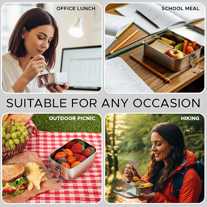 3-Pack 550ml (18.6 oz) Stainless Steel Bento Lunch Box Containers with Lids - Waterproof Metal Food Storage - Snack Prep Trays and Tiffin Carriers
