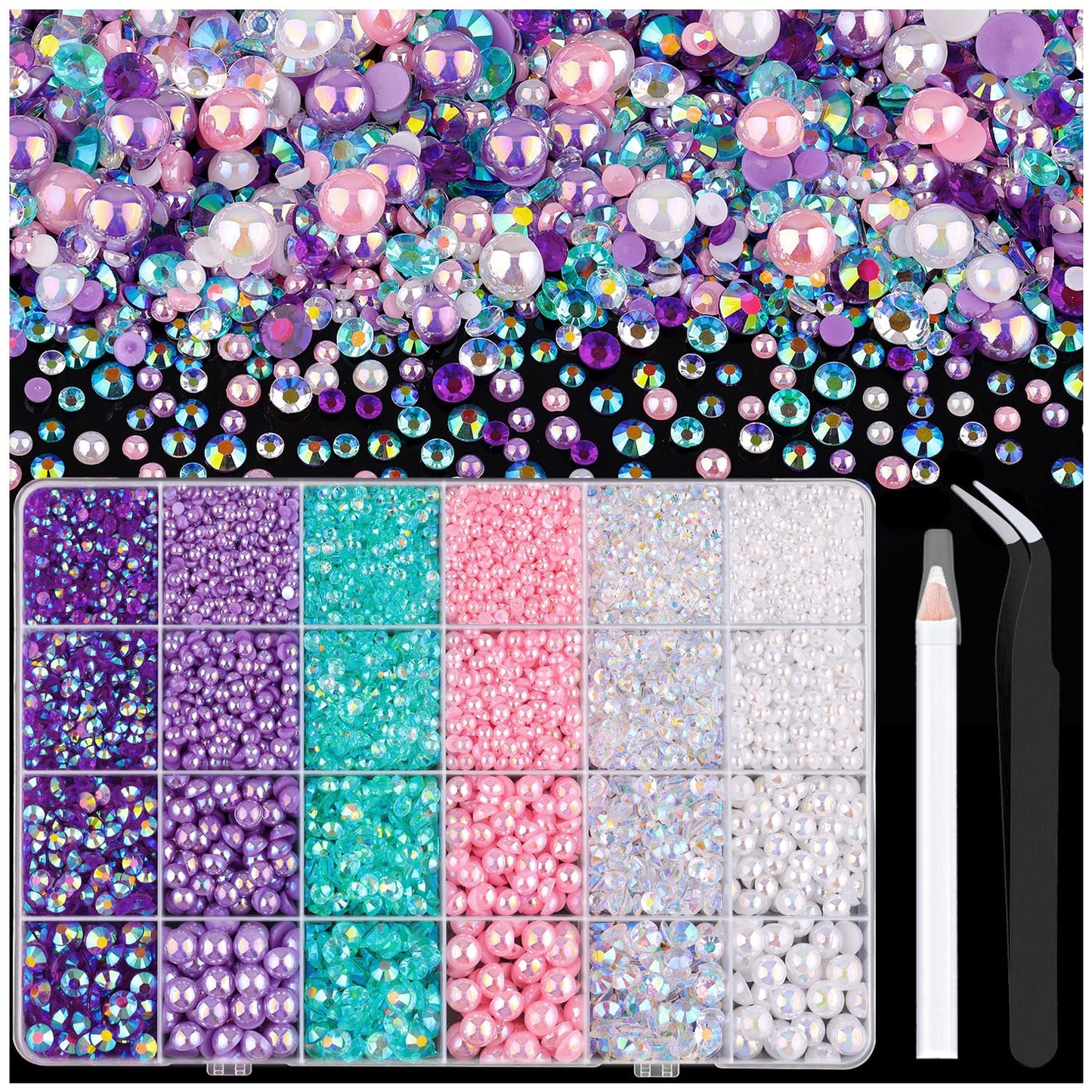 9000PCS Flatback Pearls and Rhinestones for Crafting, Pink Purple Mixed Size 3-10mm Resin Rhinestones and Half Pearls for Bedazzling, Nail Art and Decoration with Tweezer and Pickup Pencil