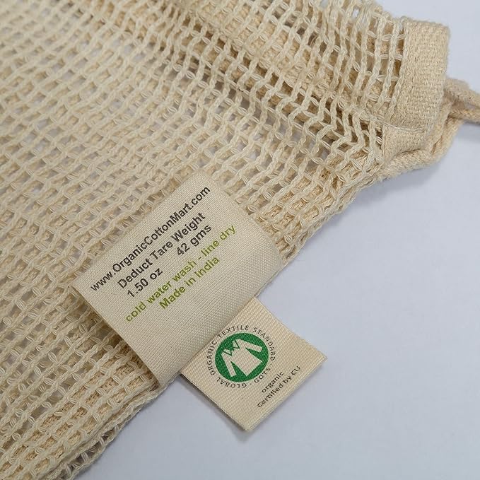 Reusable Mesh Vegetable Bags of 100% Organic Cotton - 6 Pieces Perfect Net Produce Bags - Eco-friendly, Bio-degradable & Washable Fruit, Vegetable & Produce Sacks (3 Medium, 3 Small)