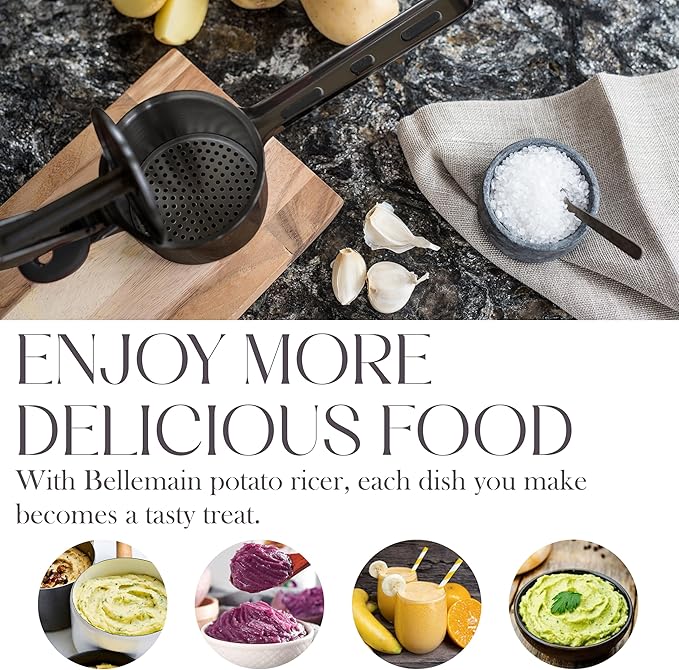 Bellemain 15 oz Black Large Potato Ricer | Heavy-Duty Stainless Steel Potato Ricer & Masher | Perfect for Mashed Potatoes | Ricer Kitchen Tool with Fixed Disc (Metallic Black)