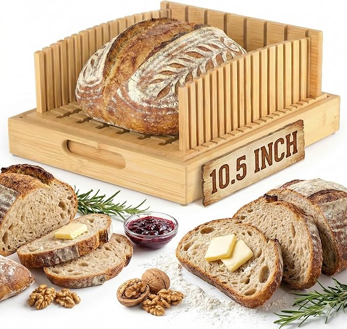 Bread Slicer for Homemade Bread - 10.5" Adjustable Sourdough Slicer with Crumb Catcher & Serving Tray - Stable Wood Bread Cutter Guide for Kitchen