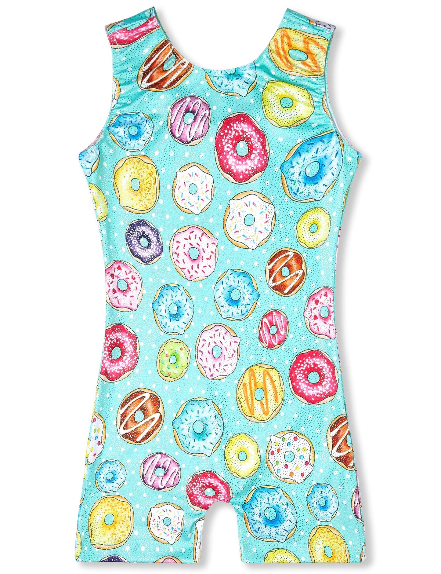 TENVDA Girls Gymnastics Leotards Size 5-6 Years Old Sparkly Green Donut Print Sleeveless Biketard Tumbling Cheer Unitard