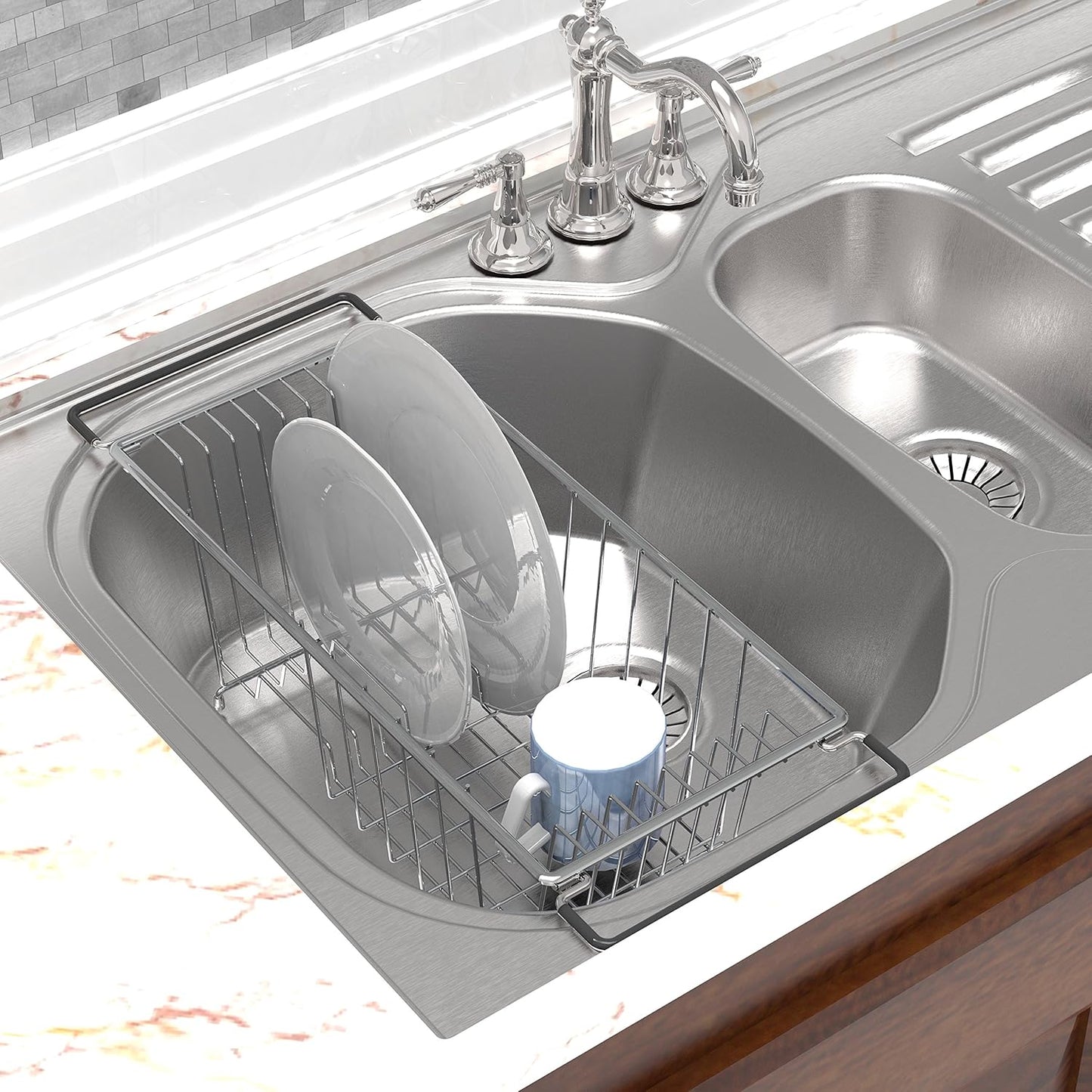 Simple Houseware Over Sink Counter Top Stainless Steel Dish Drainer Drying Rack, Chrome