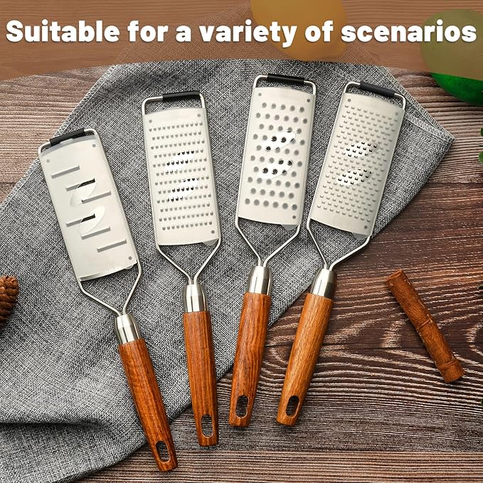 SHIKORI Stainless Steel Cheese Grater with Natural Wood Handle for Parmesan Cheese Lemon, Ginger, Cheese, Nutmeg, Potato, Chocolate and Garlic, With Protective Cover-Filaments