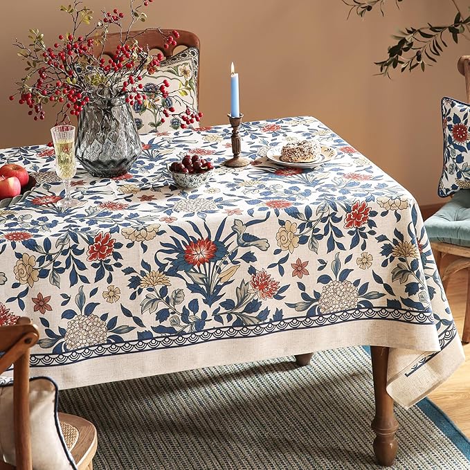 patdrea Designer Blue Tablecloth for Square Table,Vintage Linen with Leaves and Floral Pattern Tablecloths,Farmhouse Floral Decor Cover for Kitchen Dining Christmas,Thanksgiving,67"x67"-Ivar a