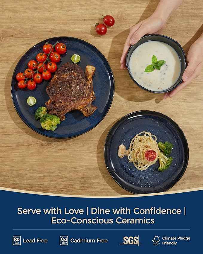 Ceramic Dinnerware Sets, Microwave Safe Plates and Bowls Sets, Kitchen Dishes Set for 4, Unbreakable & Dishwasher Safe Tableware, Everyday Use, Starry Blue