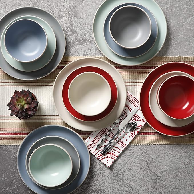 Gibson Home Rockaway 12-Piece Round Stoneware Dinnerware Set, Service for 4 – Cream Plates and Bowls, Modern Matte Finish, Microwave & Dishwasher Safe