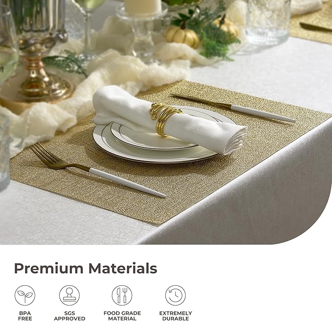 Leetaltree Gold Placemats Set of 8 - Heat Resistant Non-Slip Place mats for Dining Table, Washable Durable PVC Vinyl Woven Table Mats(Luxury Gold, 8)