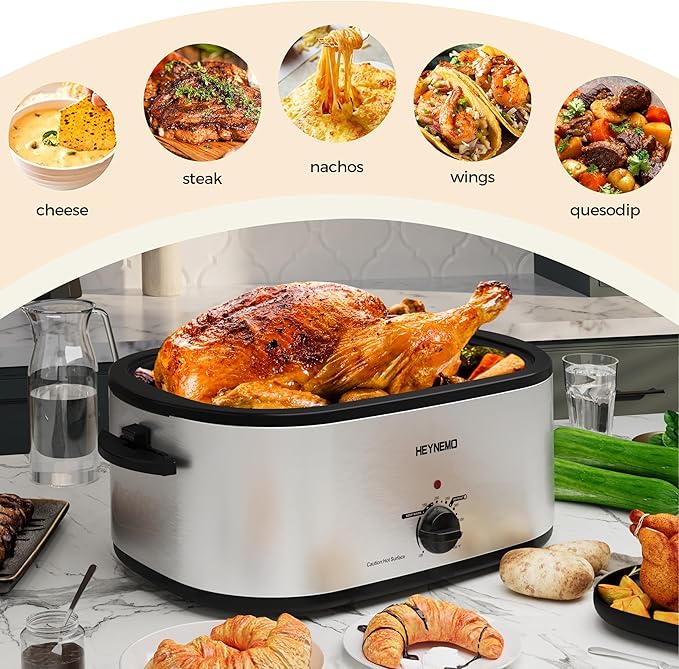 HEYNEMO Turkey Roaster Electric, 24 Quart Oven with Self-Basting Lid, Removable Pan and Rack, Adjustable Temperature Control Powerful 1450W Stainless Steel Oven, Silver
