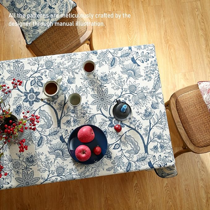 ISAENNE Designer French Linen Table Cloth for Rectangle Table,Blue Floral Washable Indoor Tablecloth,Durable Home Decor Tablecloths for Dining Thanksgiving Kitchen Party Christmas,55"*79"-Ruyi B