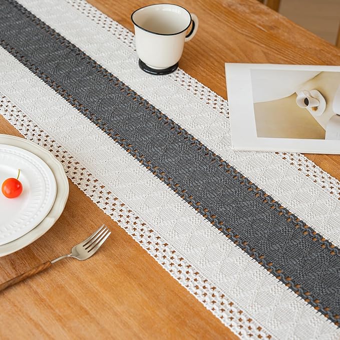 FEXIA Boho Table Runner for Home Decor with Tassels 90 Inches Long,Grey Farmhouse Rustic Table Runner Macrame Burlap Table Decoration for Living Room Bridal Shower(12x90 Inches)